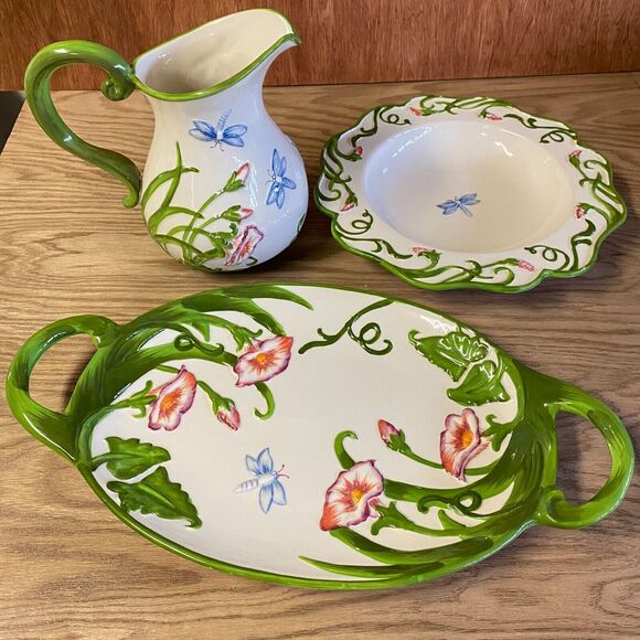 Set of 3 Pieces Temptations "DRAGONFLY" Serving Bowl, Platter, Pitcher - Picture 12 of 15